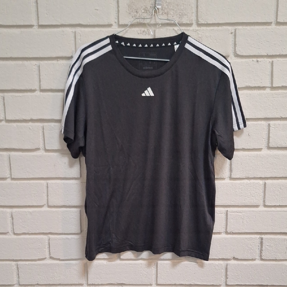 adidas Black Tee with White Shoulder Stripes. Size Large  NWT